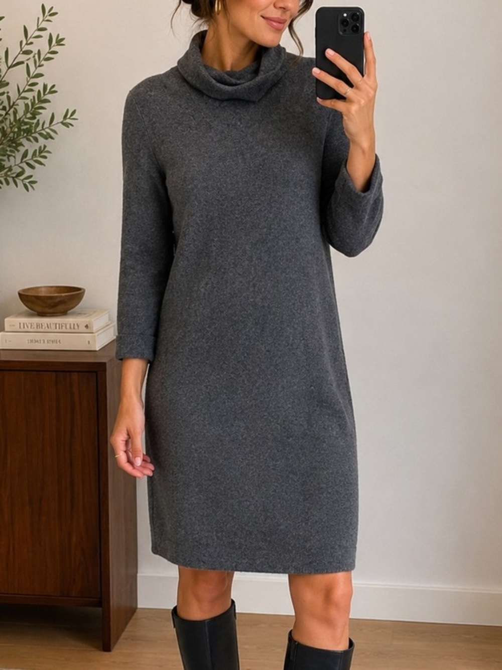 Neiman Marcus 100% Cashmere Turtleneck Sweater Dress Gray Size Small
